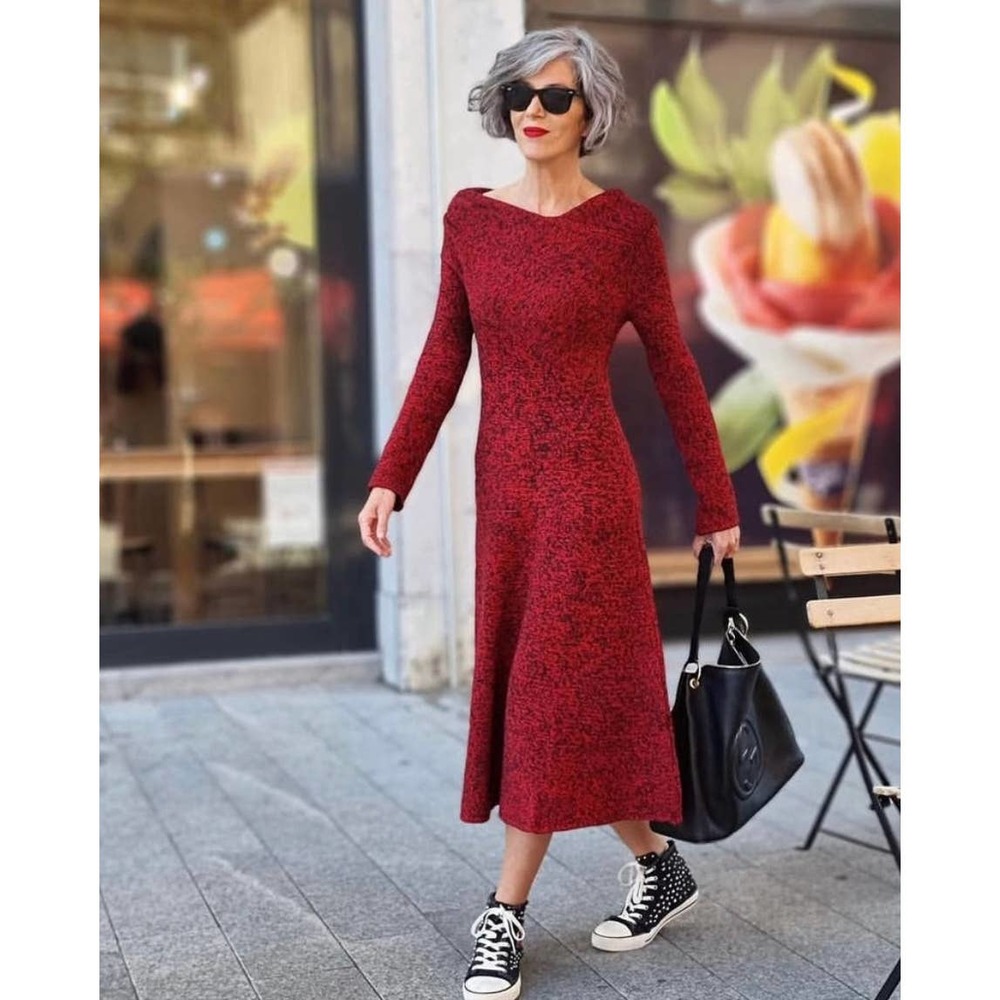 Zara Red Textured Long-Sleeve Midi Dress